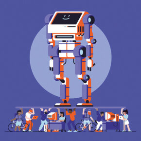 des travailleurs et travailleuses portent une plateforme sur laquelle repose un immense robot : l'intelligence artificielle !