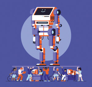 des travailleurs et travailleuses portent une plateforme sur laquelle repose un immense robot : l'intelligence artificielle !