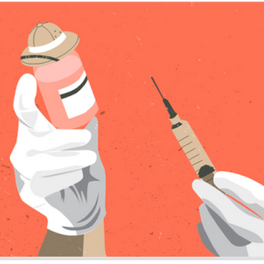 dessin figurant les mains d'un soignant qui va utiliser une seringue pour injecter un produit issus d'un flacon portant un casque colonial