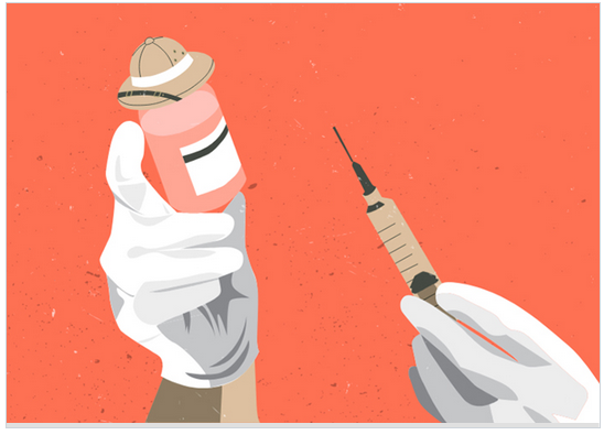 dessin figurant les mains d'un soignant qui va utiliser une seringue pour injecter un produit issus d'un flacon portant un casque colonial